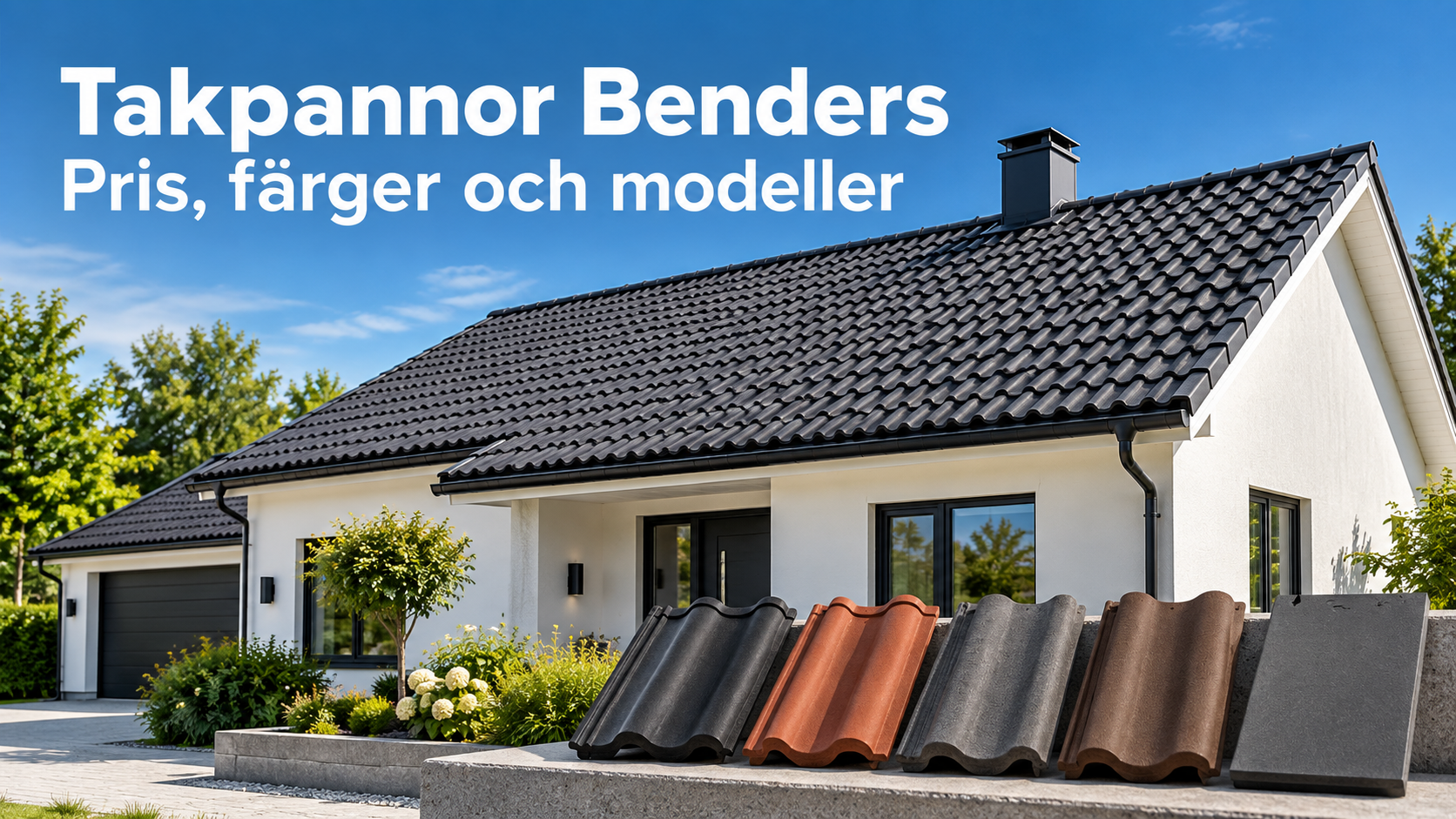 Vitt hus med svart tak och takpannor i olika färger på en mur framför huset