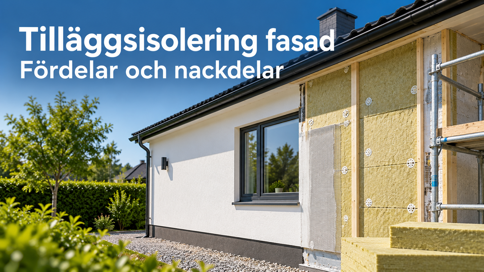 En villa med delvis tilläggsisolerad fasad med mineralull och byggnadsställning, en del av fasaden är vitputsad
