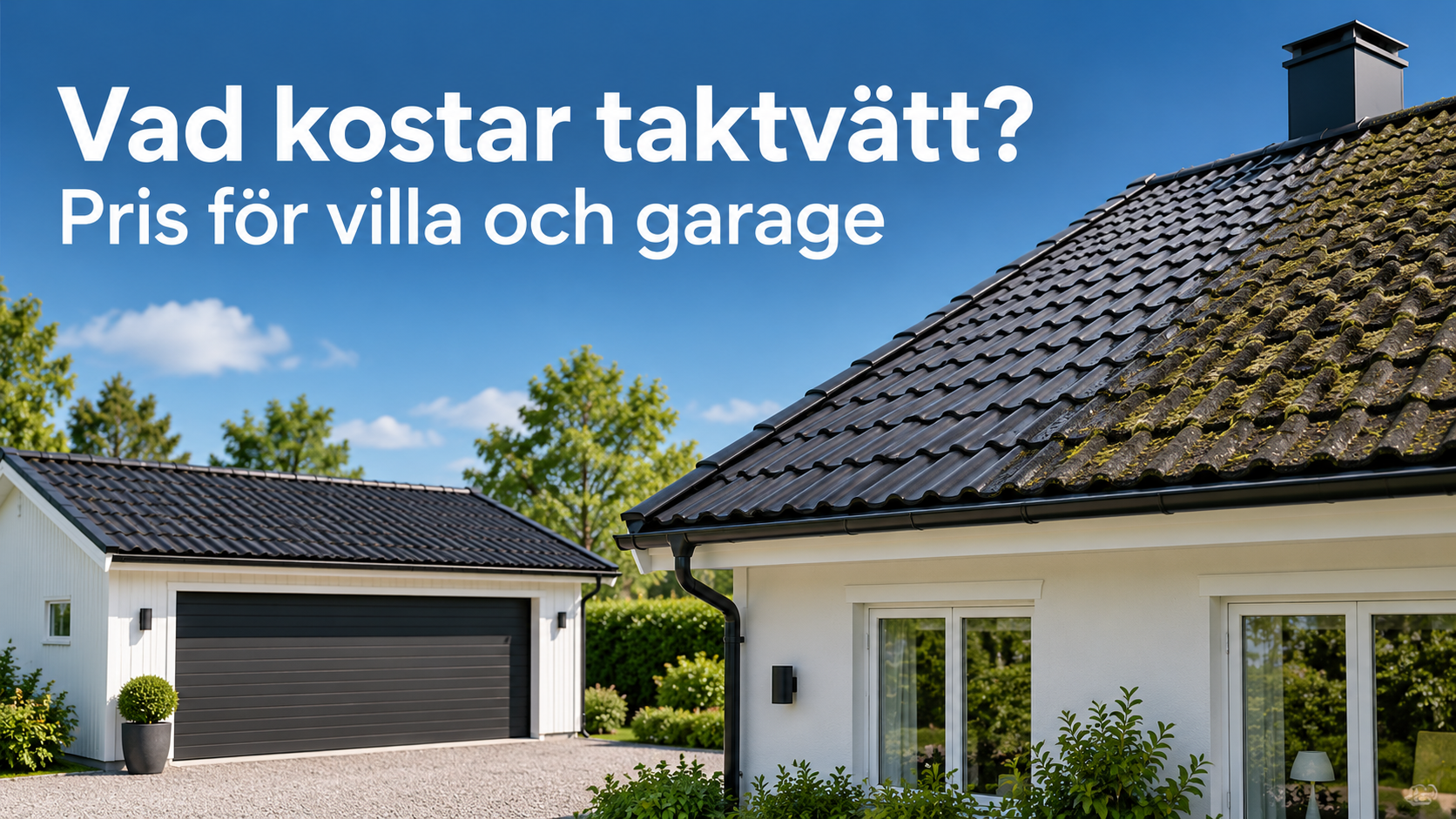Ett hus med rent tak och ett hus med mossa på taket, med ett garage i bakgrunden